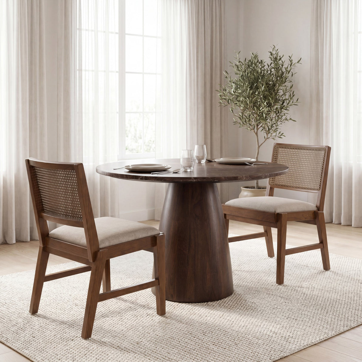 Reid Framed Brown Cane Cream Fabric Dining Chair, Set of 2 from Mercana - Luna Furniture