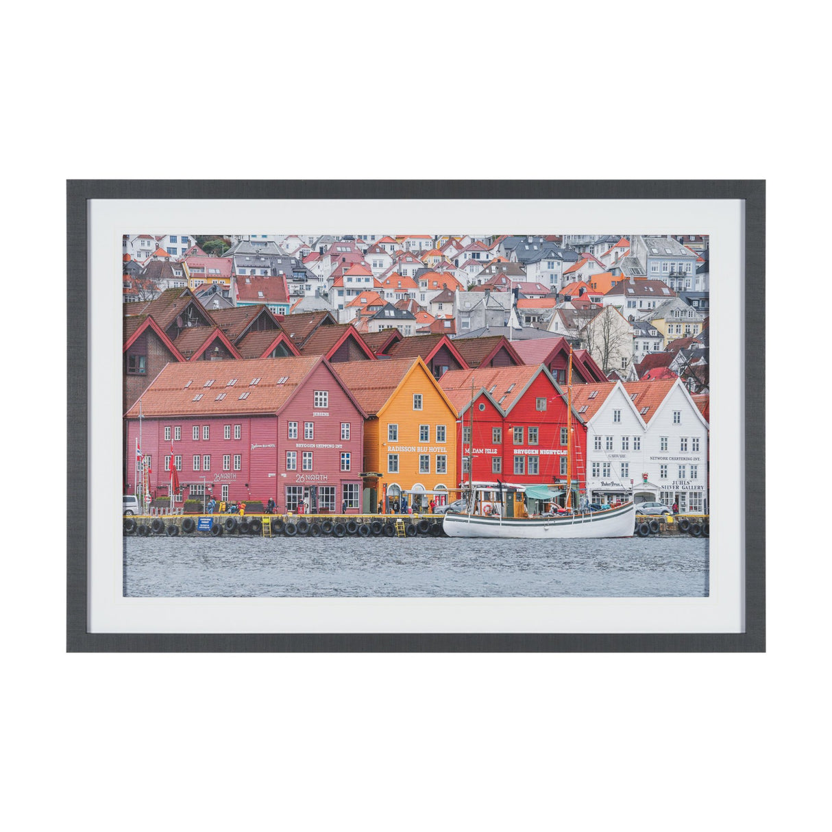 Waterfront in Bergen, Norway by Richard Silver Textured Framed Photo Print Matted under Glass from Mercana - Luna Furniture