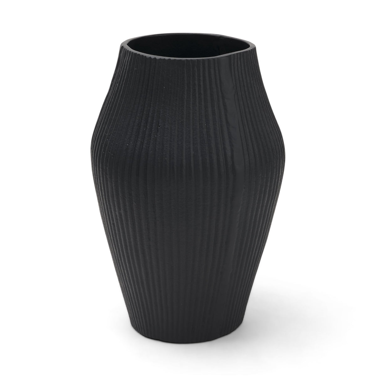 Patine Wide Matte Black Metal Fluted Decorative Vase
