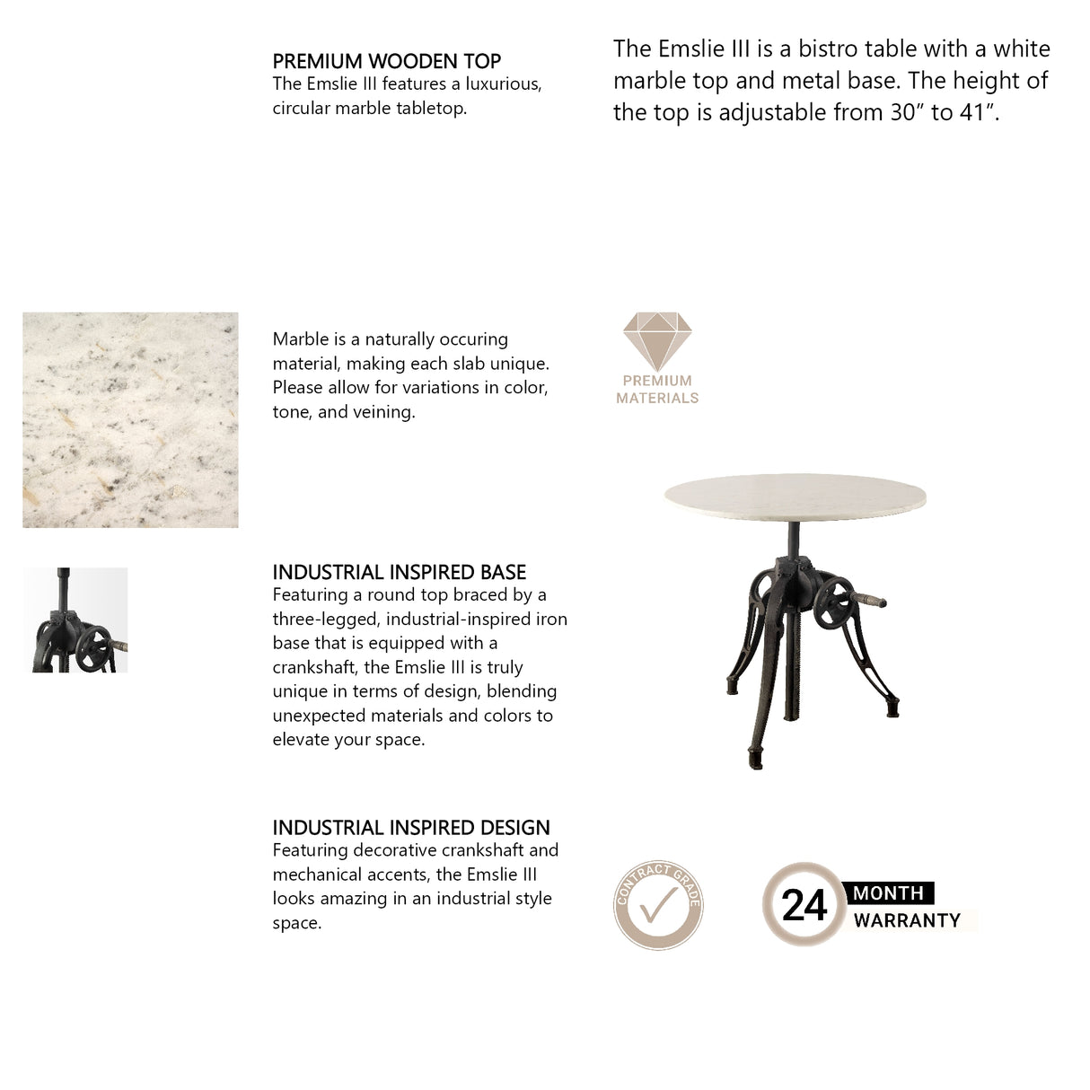 Emslie III 30" Round White Marble Top Black Metal Base Dining Table from Mercana - Luna Furniture