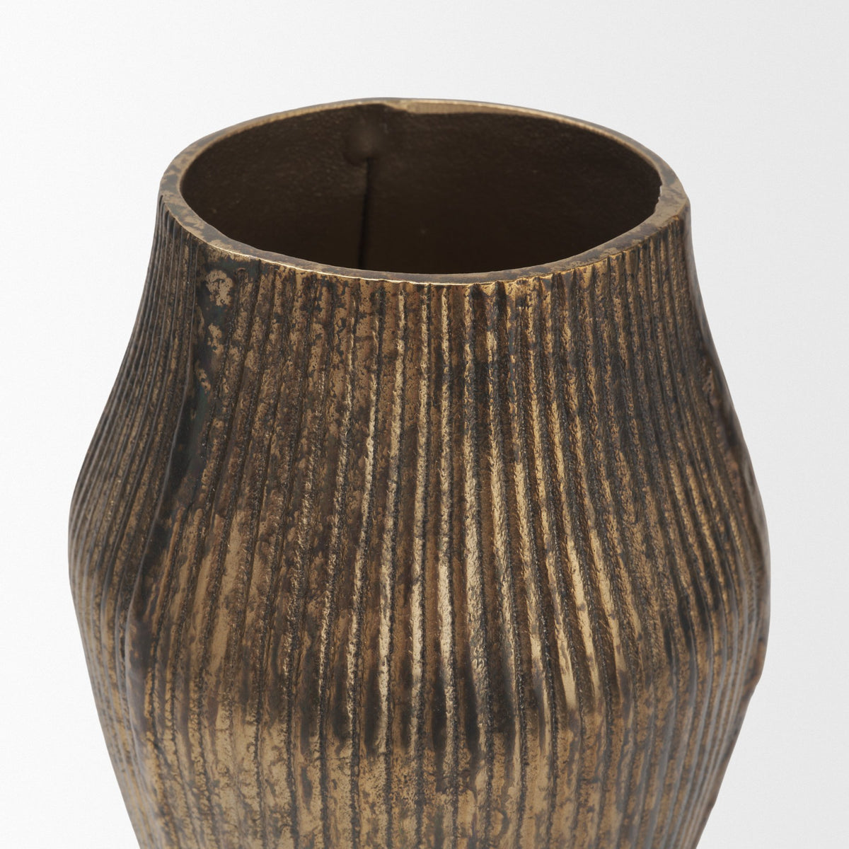 Patine Wide Antiqued Brass Metal Fluted Decorative Vase