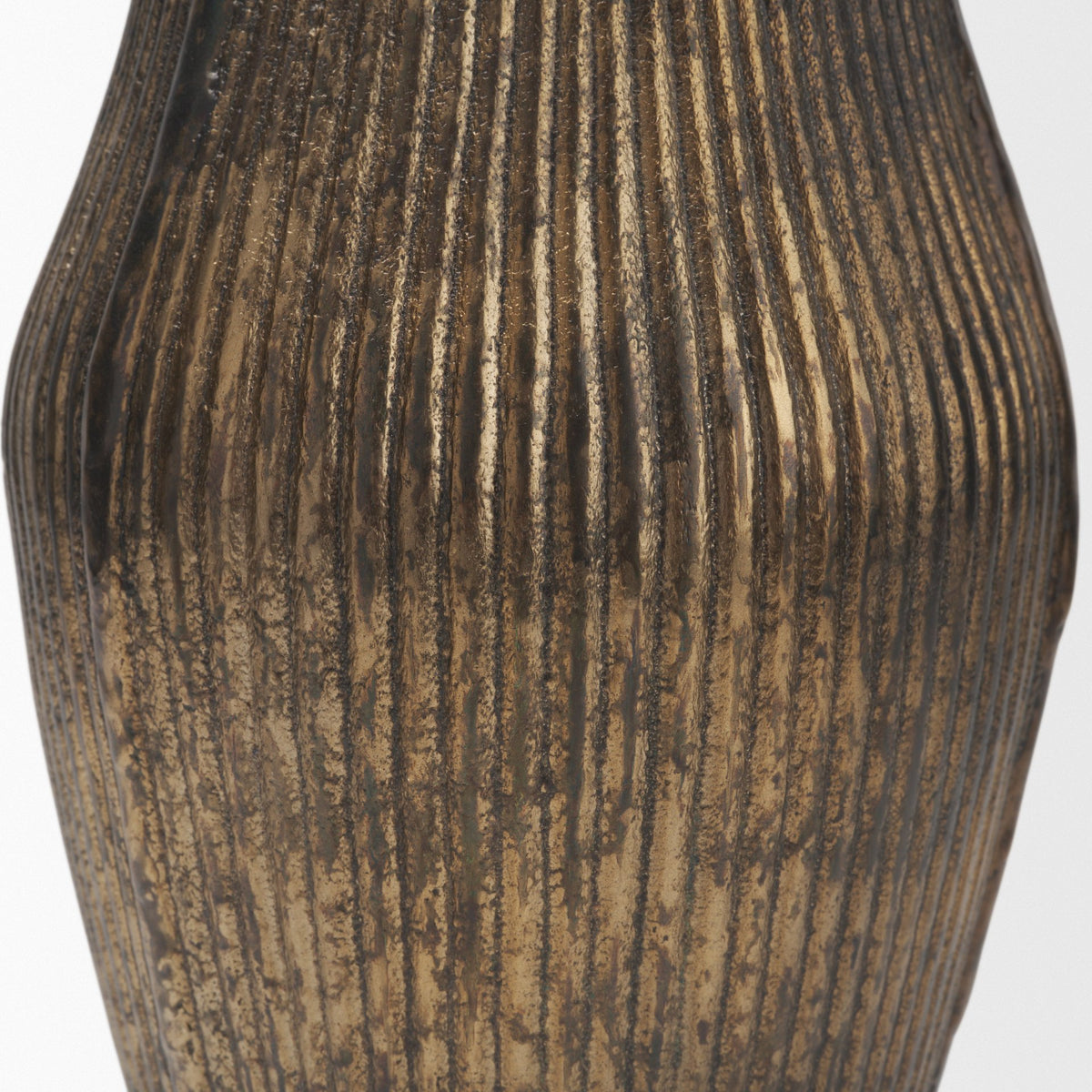 Patine Wide Antiqued Brass Metal Fluted Decorative Vase