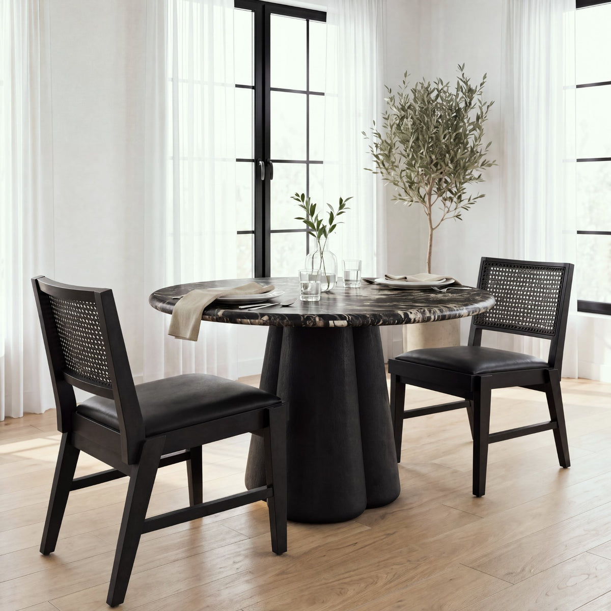 Reid Framed Black Cane Black Leather Dining Chair from Mercana - Luna Furniture