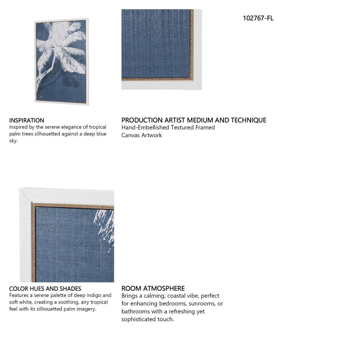 Palm Shadow II (Blue) by Mercana Studio Hand-Embellished Textured Framed Canvas Artwork from Mercana - Luna Furniture