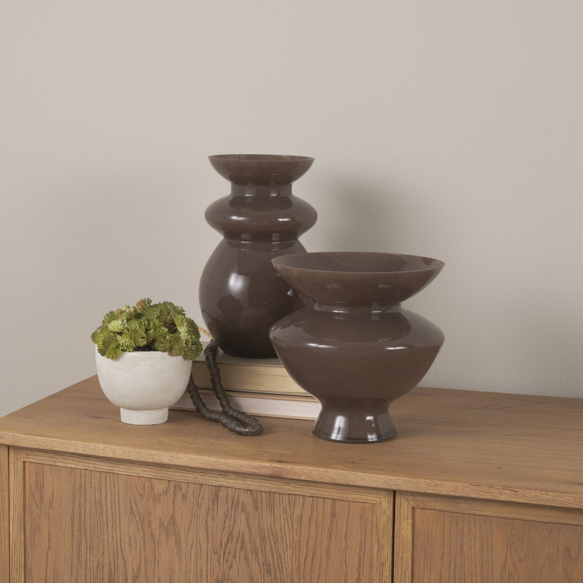 Bruna Wide Mouth Geometric Brown Glass Vase from Mercana - Luna Furniture
