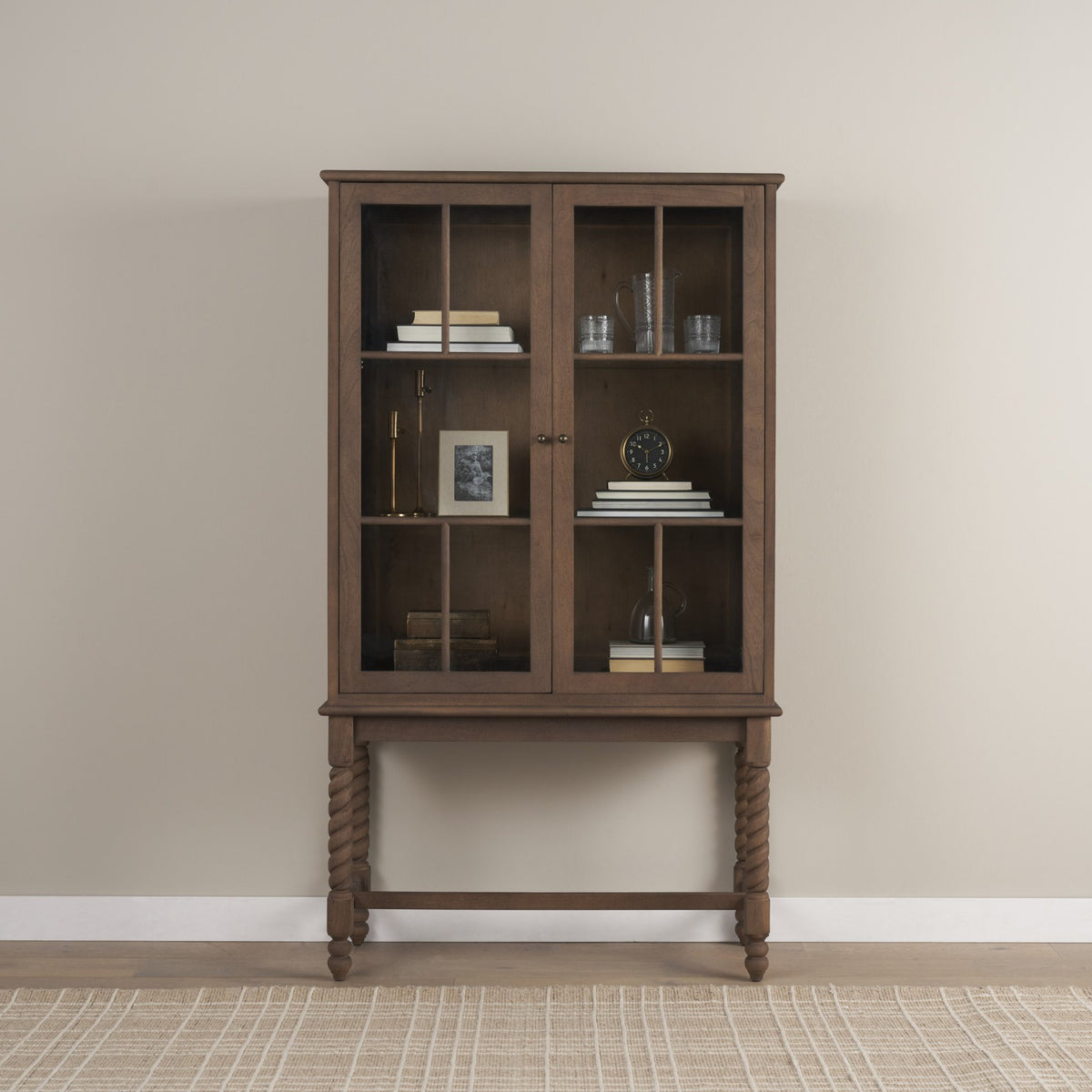 Cromwell Spiral Turned Display Cabinet | Mid-Brown Wood from Mercana - Luna Furniture