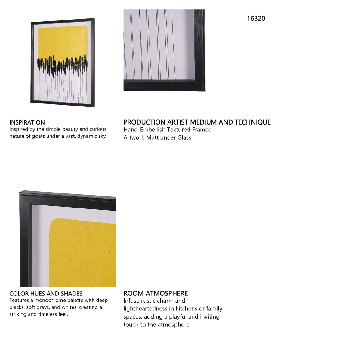 Black Reeds Yellow Abstract by Cats And Dogs Hand-Embellish Textured Framed Artwork Matt under Glass from Mercana - Luna Furniture