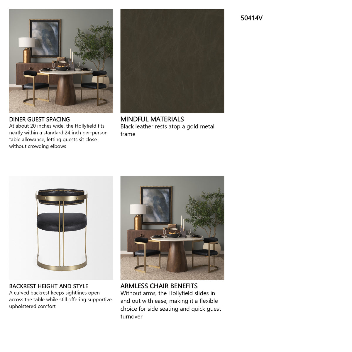Hollyfield II Black Leather Seat Gold Iron Frame Dining Chair from Mercana - Luna Furniture