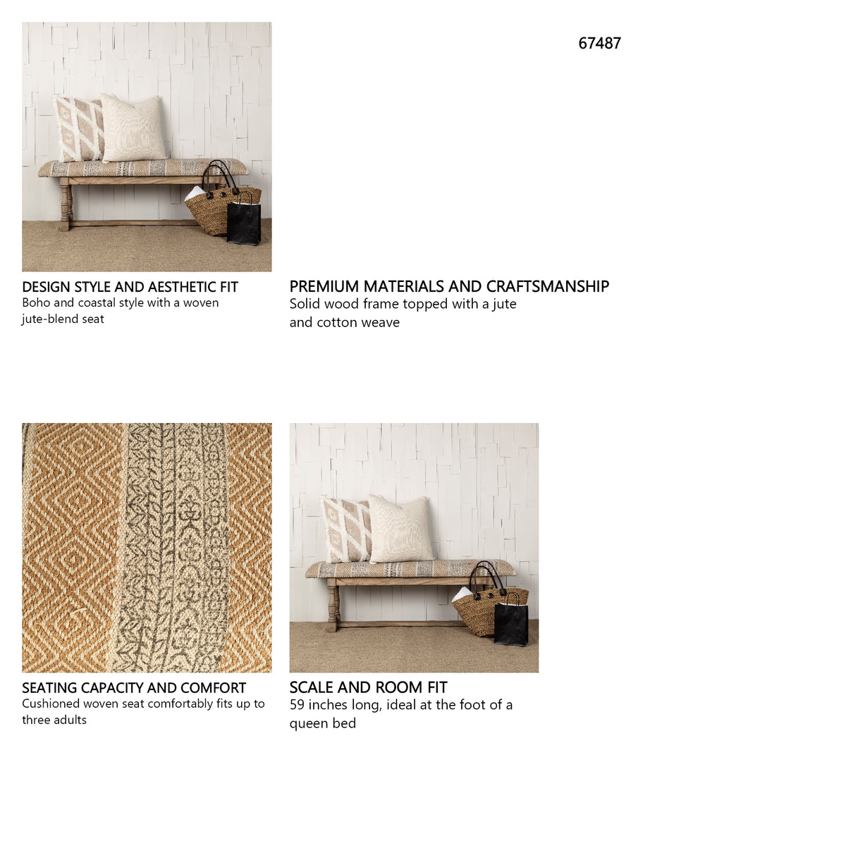 Greenfield II 59L x 14W Patterned Tan Upholstered Wood Frame Accent Bench from Mercana - Luna Furniture