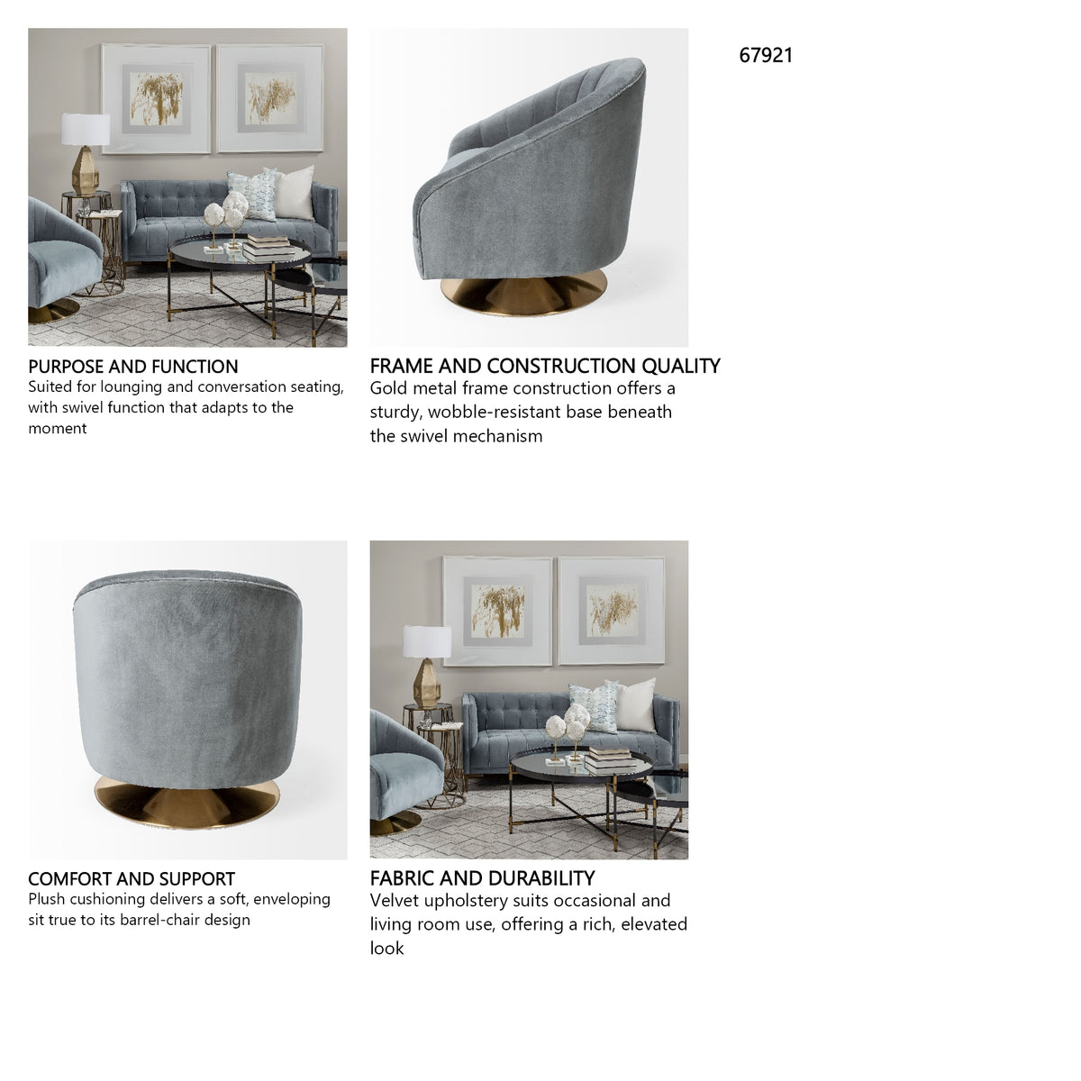 James II Gray Blue Velvet Covered Seat w Gold Swivel Base Accent Chair from Mercana - Luna Furniture