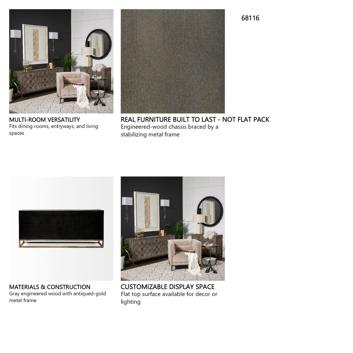 Genevieve II 70x15.8 Gray Fir Veneer W/Gold Metal Frame Base 9 Drawer Sideboard from Mercana - Luna Furniture