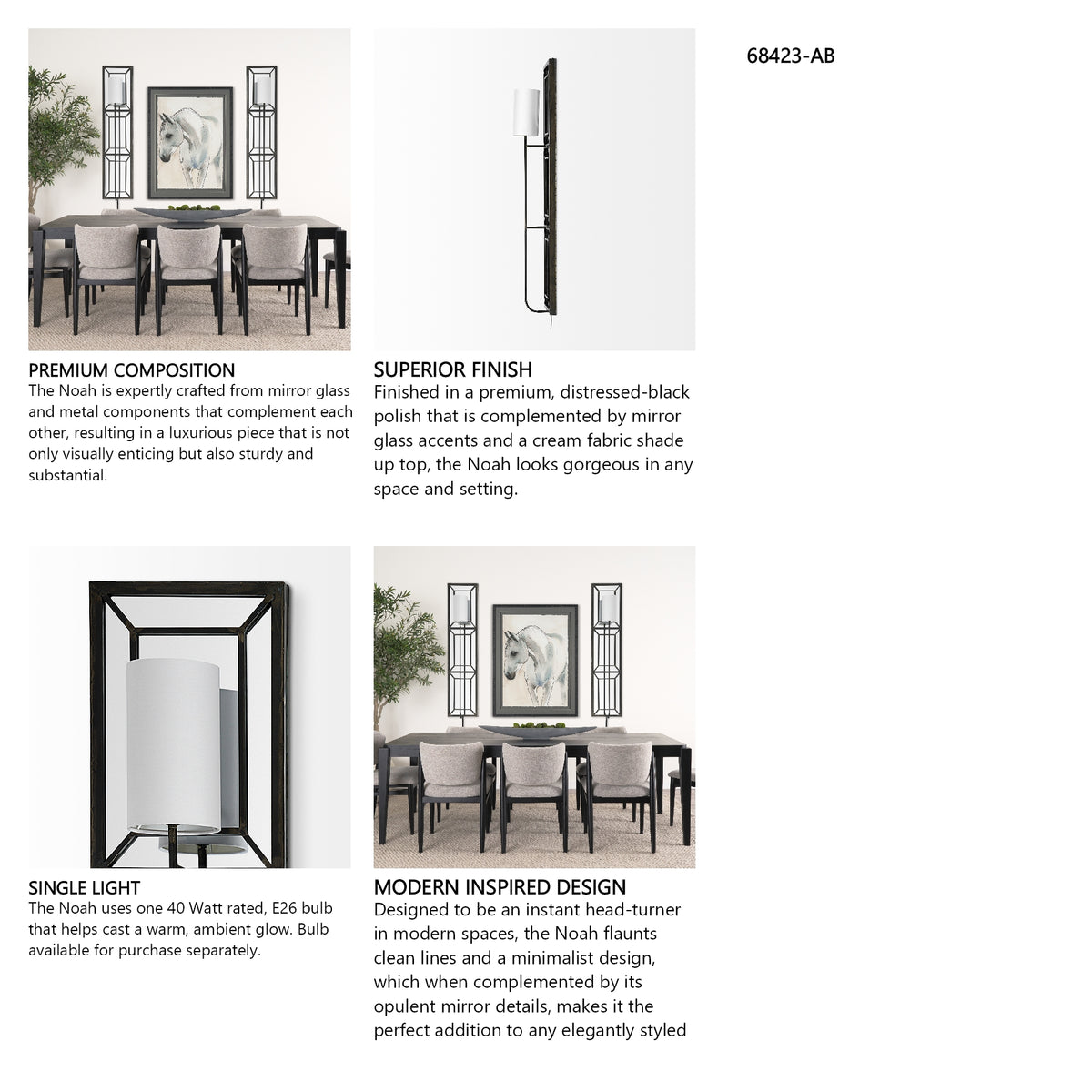 Noah 12.2x55 Black Metal w/White Fabric Shade Rectangular Wall Sconce from Mercana - Luna Furniture