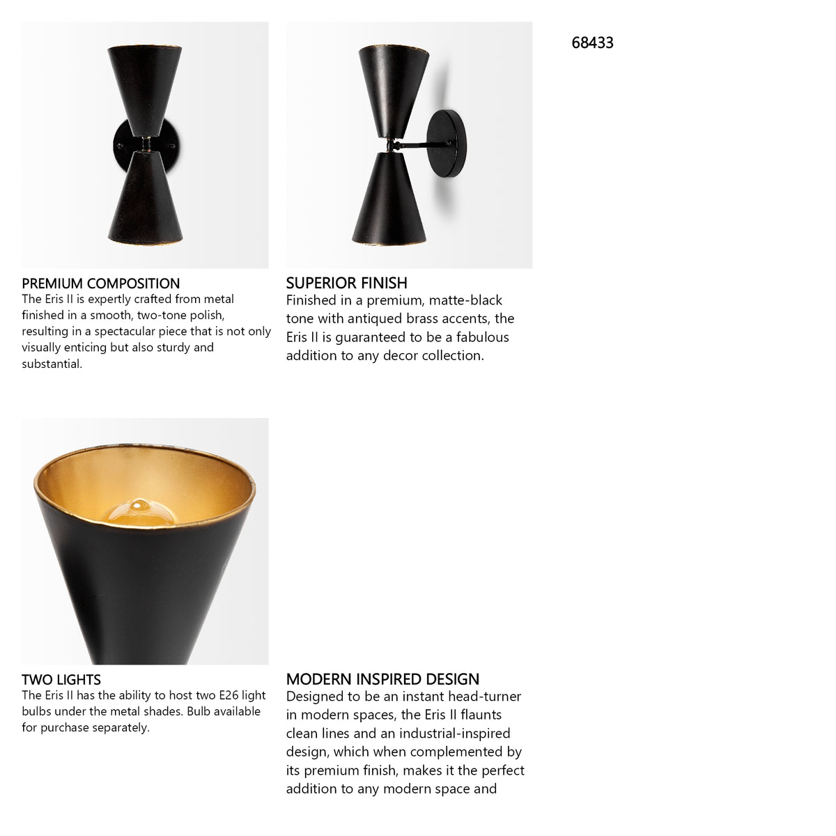 Eris II 7.3x12.6 Black Metal w/Gold Accent Double-Cone Wall Sconce from Mercana - Luna Furniture