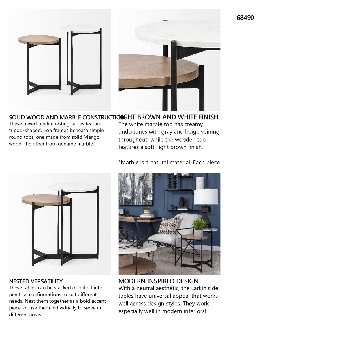 Larkin II Marble and Medium Brown Wood Round Tabletop Nesting End/Side Tables from Mercana - Luna Furniture