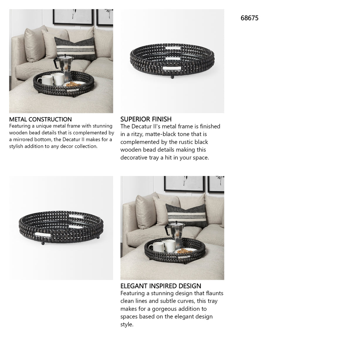 Decatur II 21L x 21W Black Wooden Bead Mirrored Bottom Round Tray from Mercana - Luna Furniture