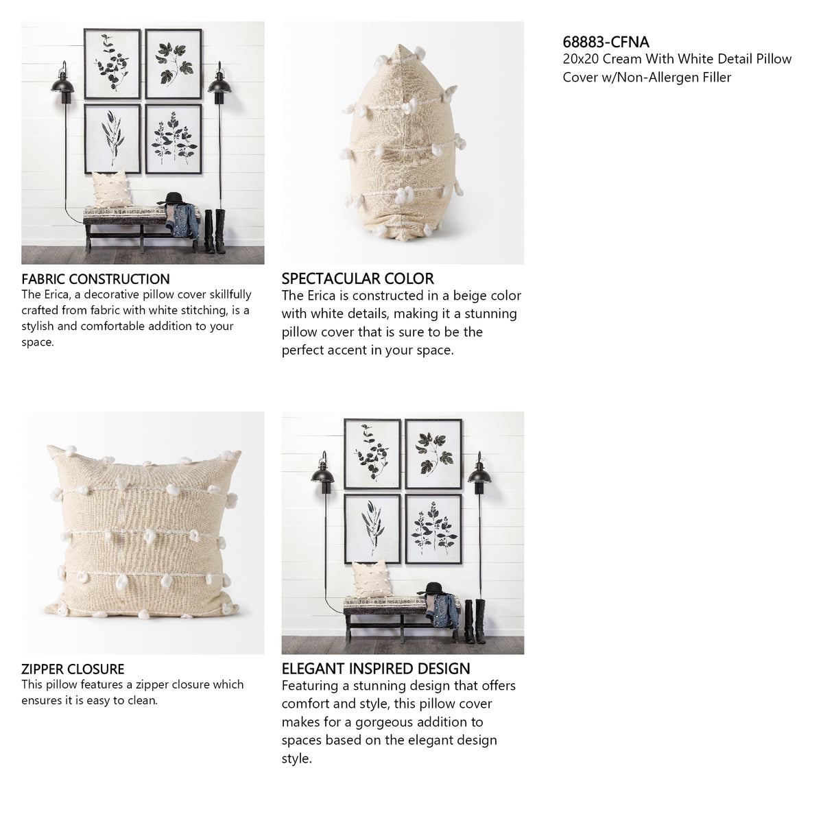 Erica 20x20 Cream With White Detail Pillow Cover w/Non-Allergen Filler, Set of 2 from Mercana - Luna Furniture