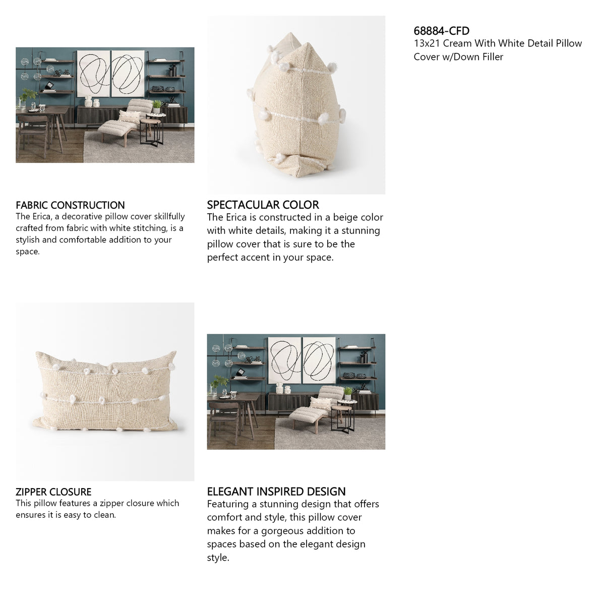 Erica 13x21 Cream With White Detail Pillow Cover w/Down Filler, Set of 2 from Mercana - Luna Furniture