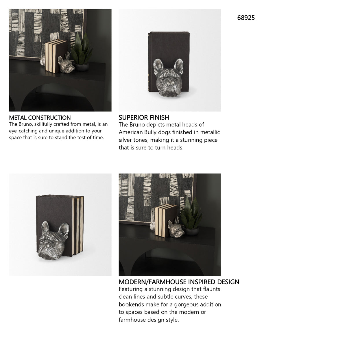 Bruno (Set of 2) 5L x 5W Silver American Bulldog Bookends