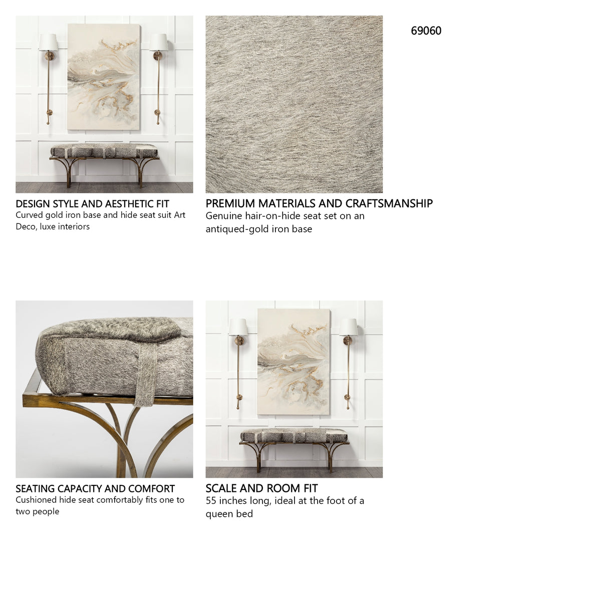 Jessie 55L x 16W White/Gray Hair-On-Hide Seat W/Gold Metal Base Accent Bench from Mercana - Luna Furniture