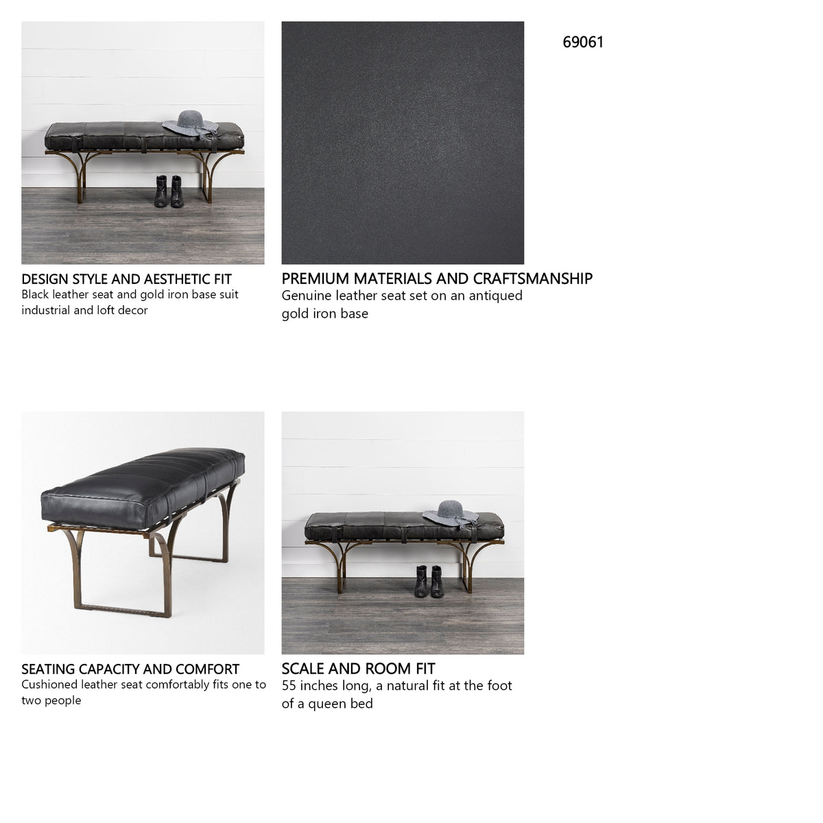 Jessie 55L x 16W Black Leather Seat W/Gold Metal Base Accent Bench from Mercana - Luna Furniture
