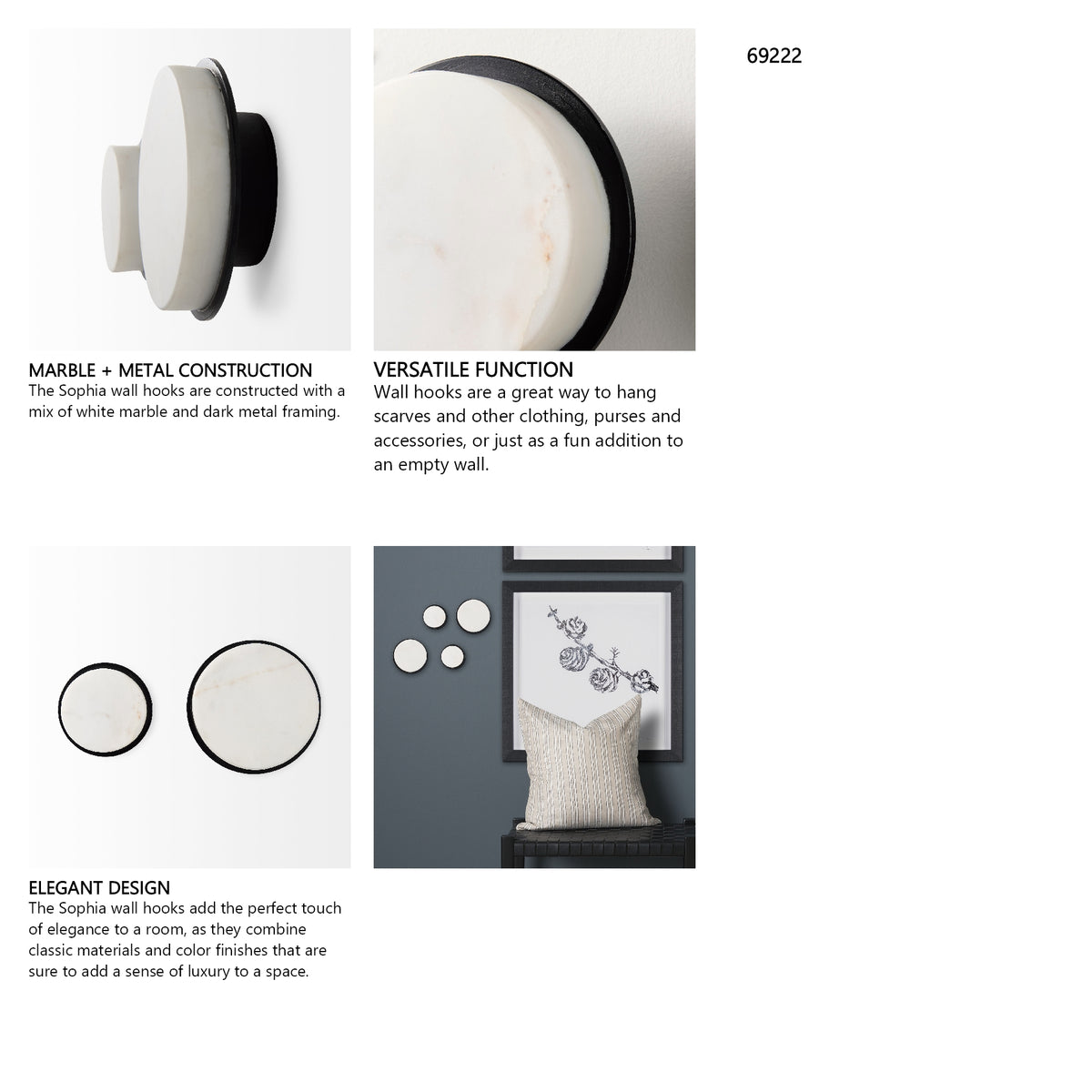 Sophia 5.0 L x 5.0 W x 3.0 H White Marble Set of 2 Wall Hooks