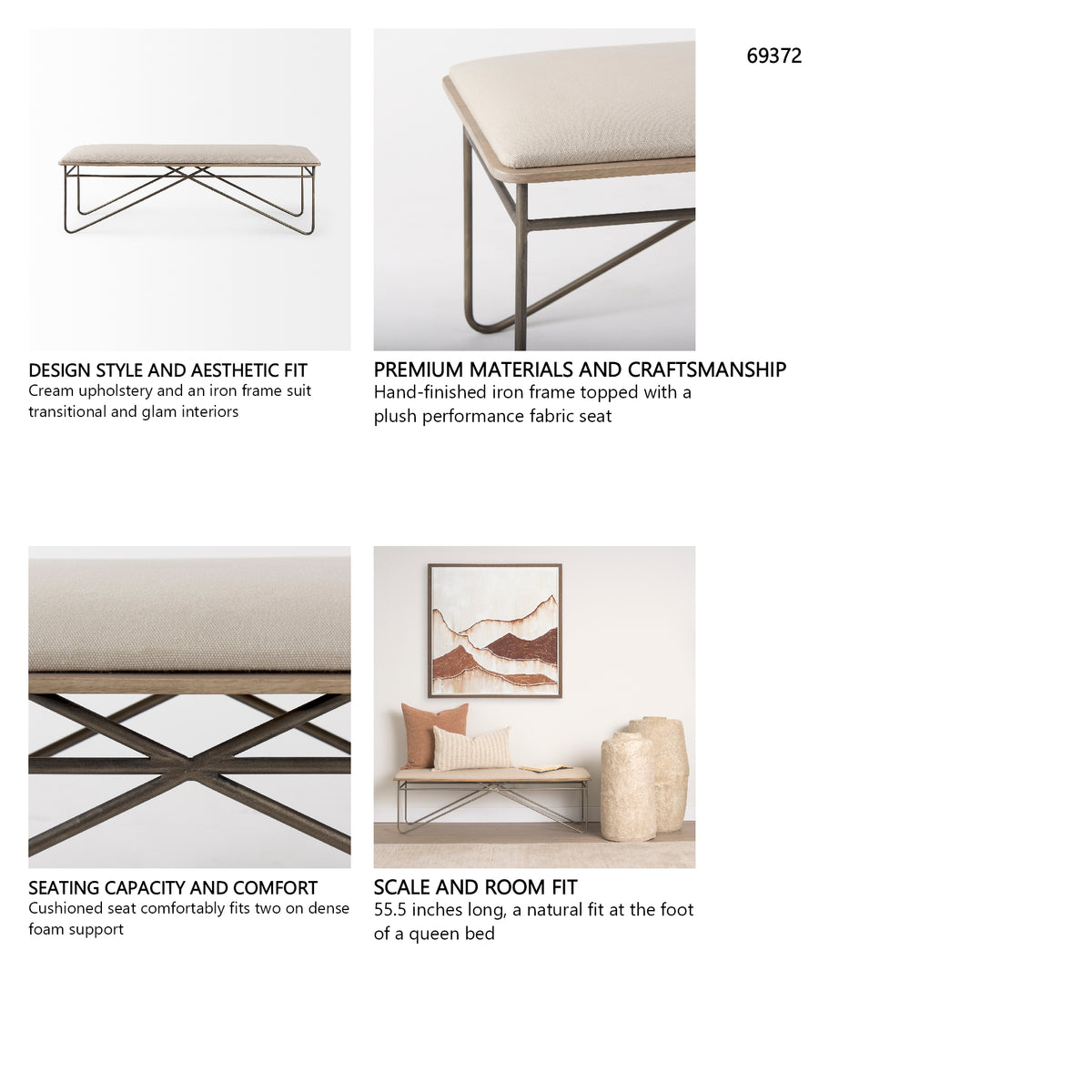 Camille 55.5L x 16.0W x 17.0H Cream Fabric Seat W/ Metal Frame Bench from Mercana - Luna Furniture