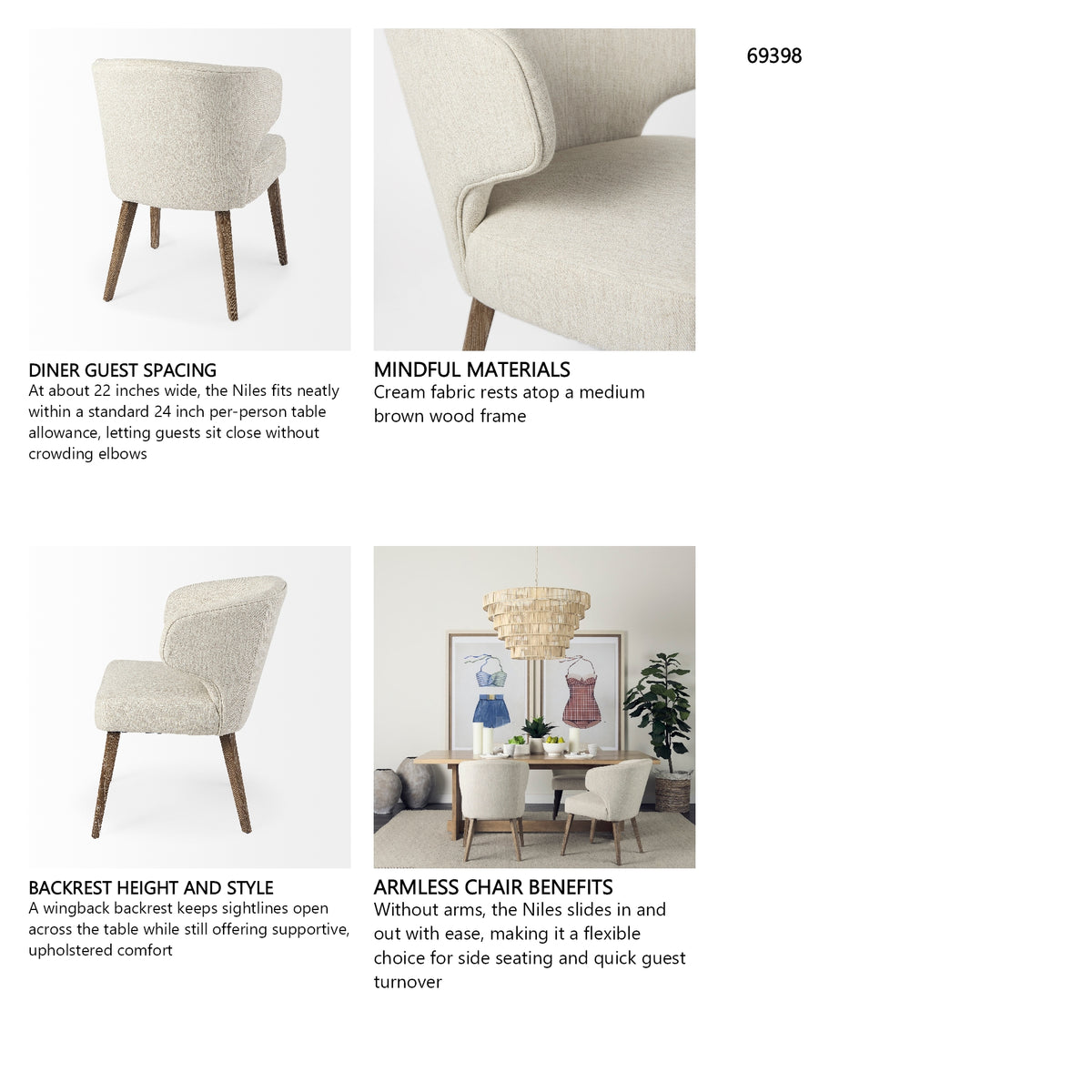 Niles 22.5L x 24.0W x 32.0H Cream Fabric Seat W/ Medium Brown Wooden Legs Wingback Dining Chair