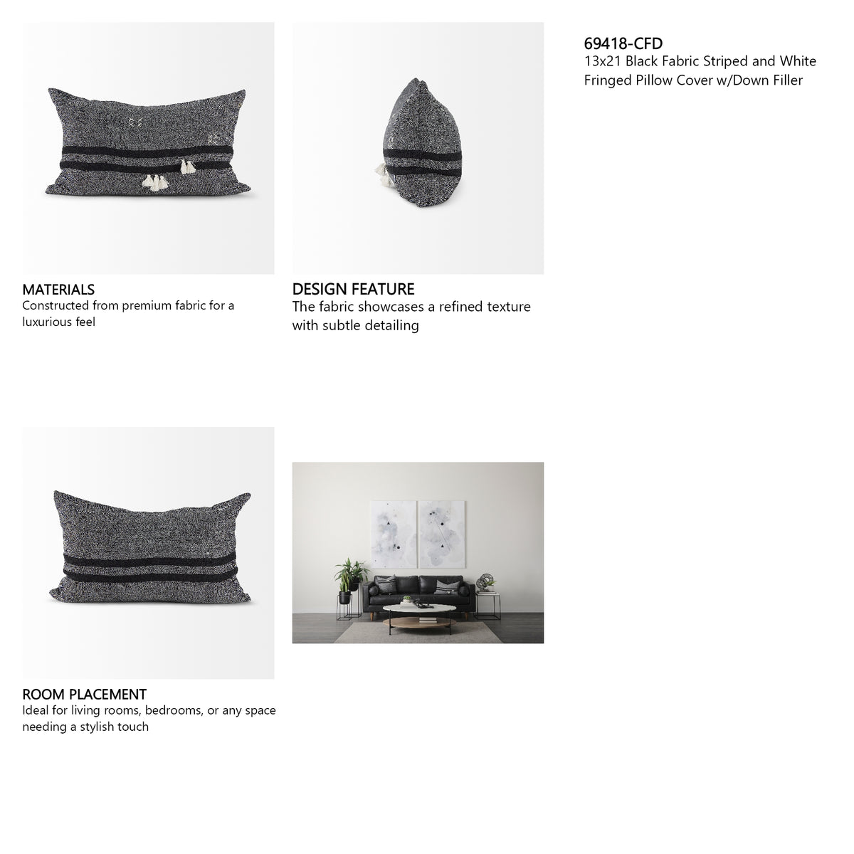 Sibyl 13x21 Black Fabric Striped and White Fringed Pillow Cover w/Down Filler, Set of 2 from Mercana - Luna Furniture