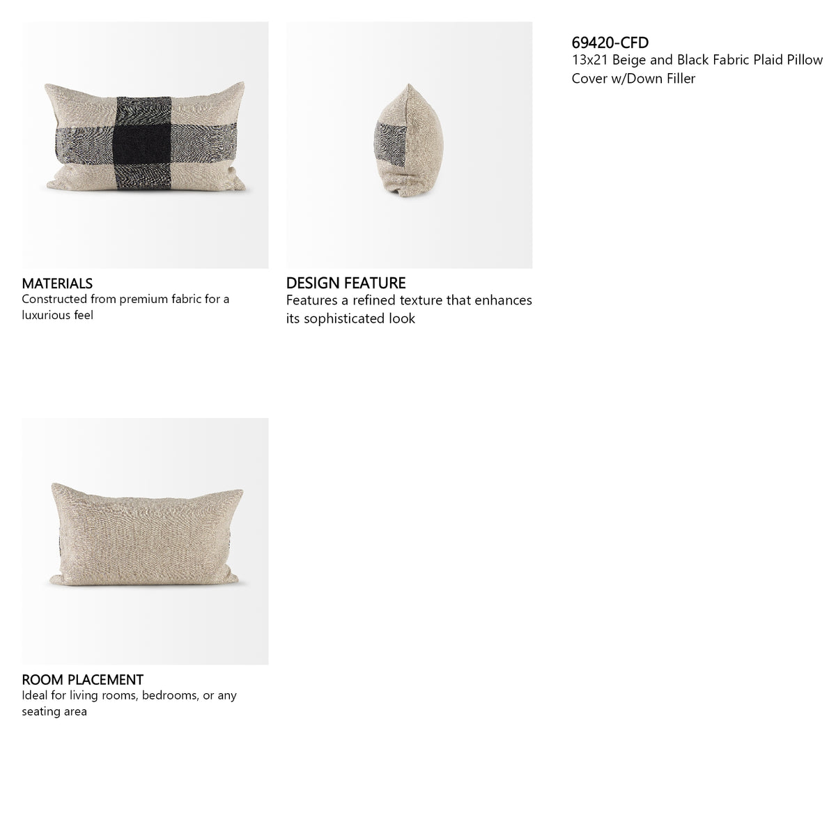 Raquel 13x21 Beige and Black Fabric Plaid Pillow Cover w/Down Filler, Set of 2 from Mercana - Luna Furniture