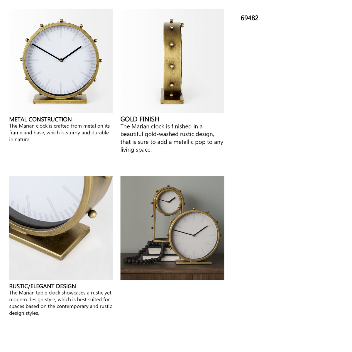 Marian 11.0L x 3.1W x 11.0H Gold Metal W/Studs Round Table Clock from Mercana - Luna Furniture