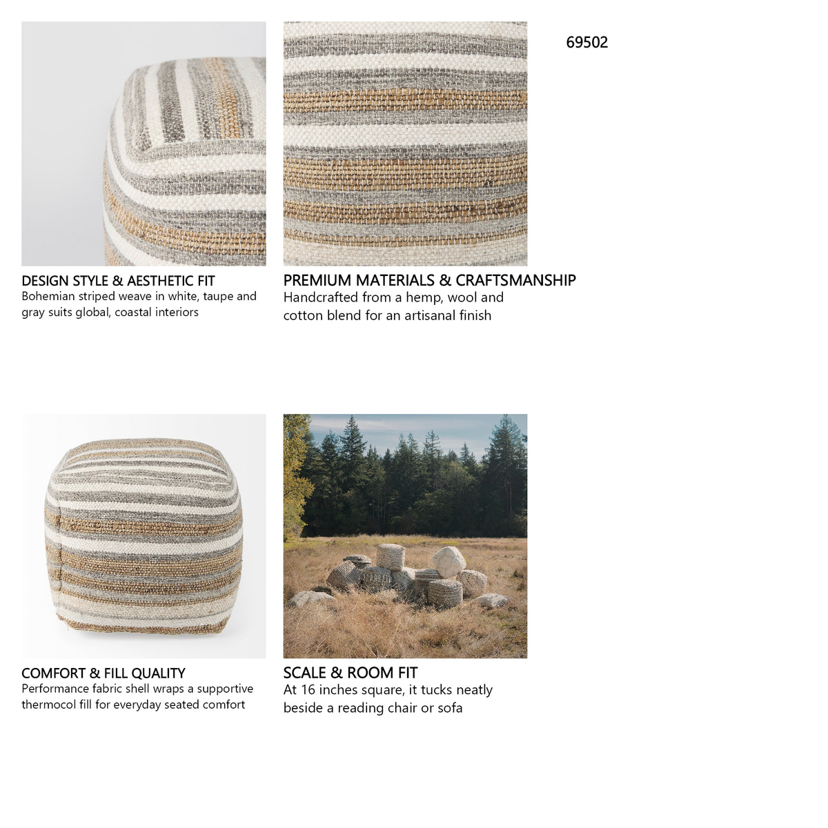 Aahana 16.0L x 16.0W x 16.0H White/Taupe/Gray Striped Hemp and Cotton Pouf from Mercana - Luna Furniture