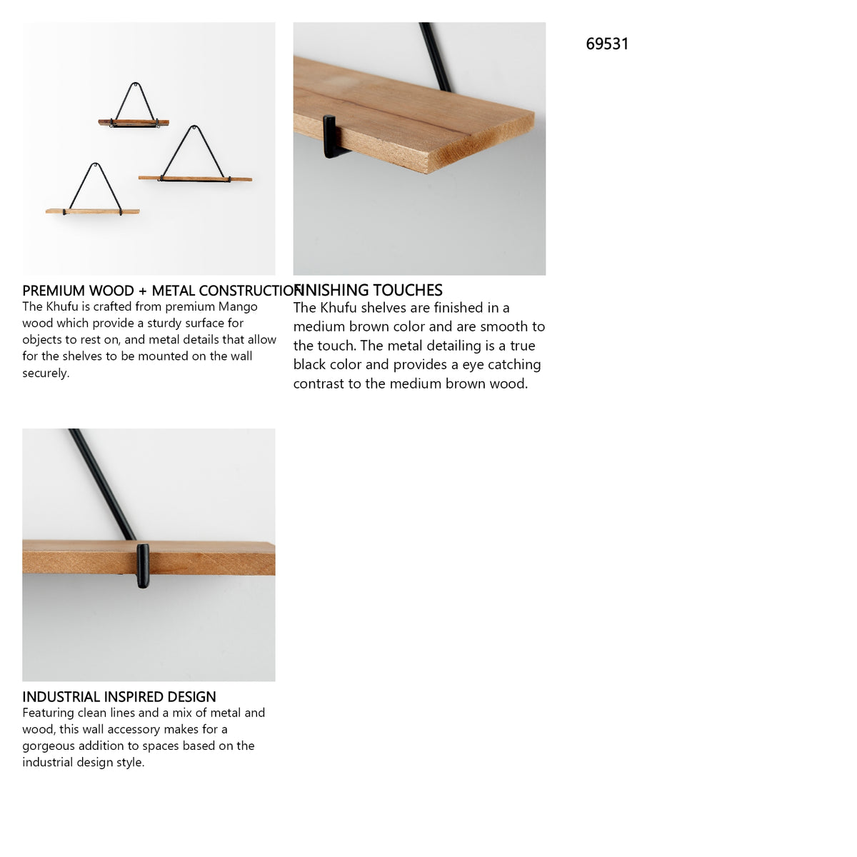 Khufu 18.9L x 5.5W x 10.2H Set of Three Brown Wood W/ Black Metal Triangular Hanging Shelves from Mercana - Luna Furniture