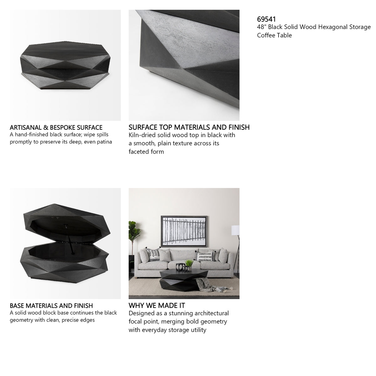 Arreto 48" Black Solid Wood Hexagonal Storage Coffee Table