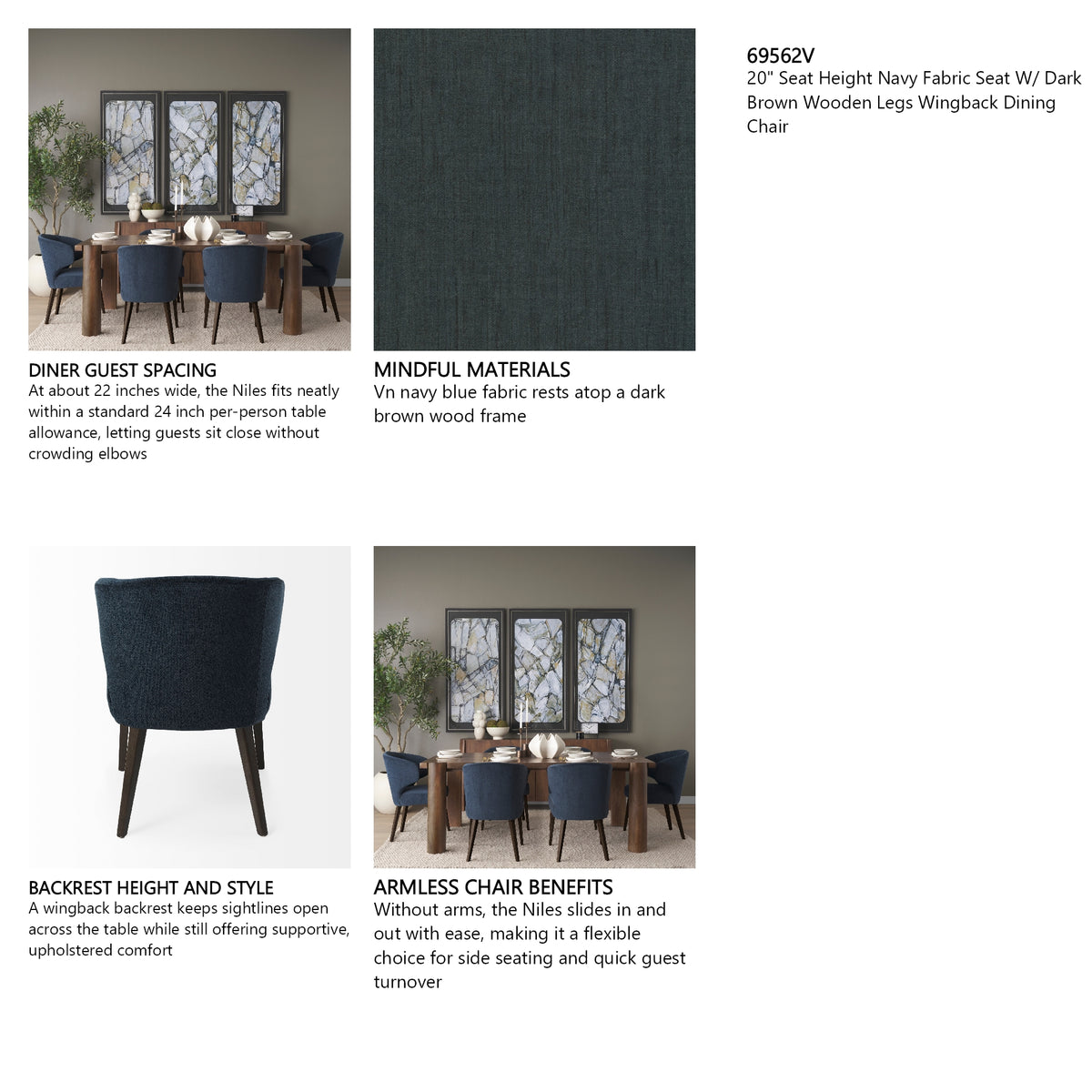 Niles 23.5L x 24W x 32H Navy Fabric Seat W/ Dark Brown Wooden Legs Wingback Dining Chair (Andes 600) from Mercana - Luna Furniture