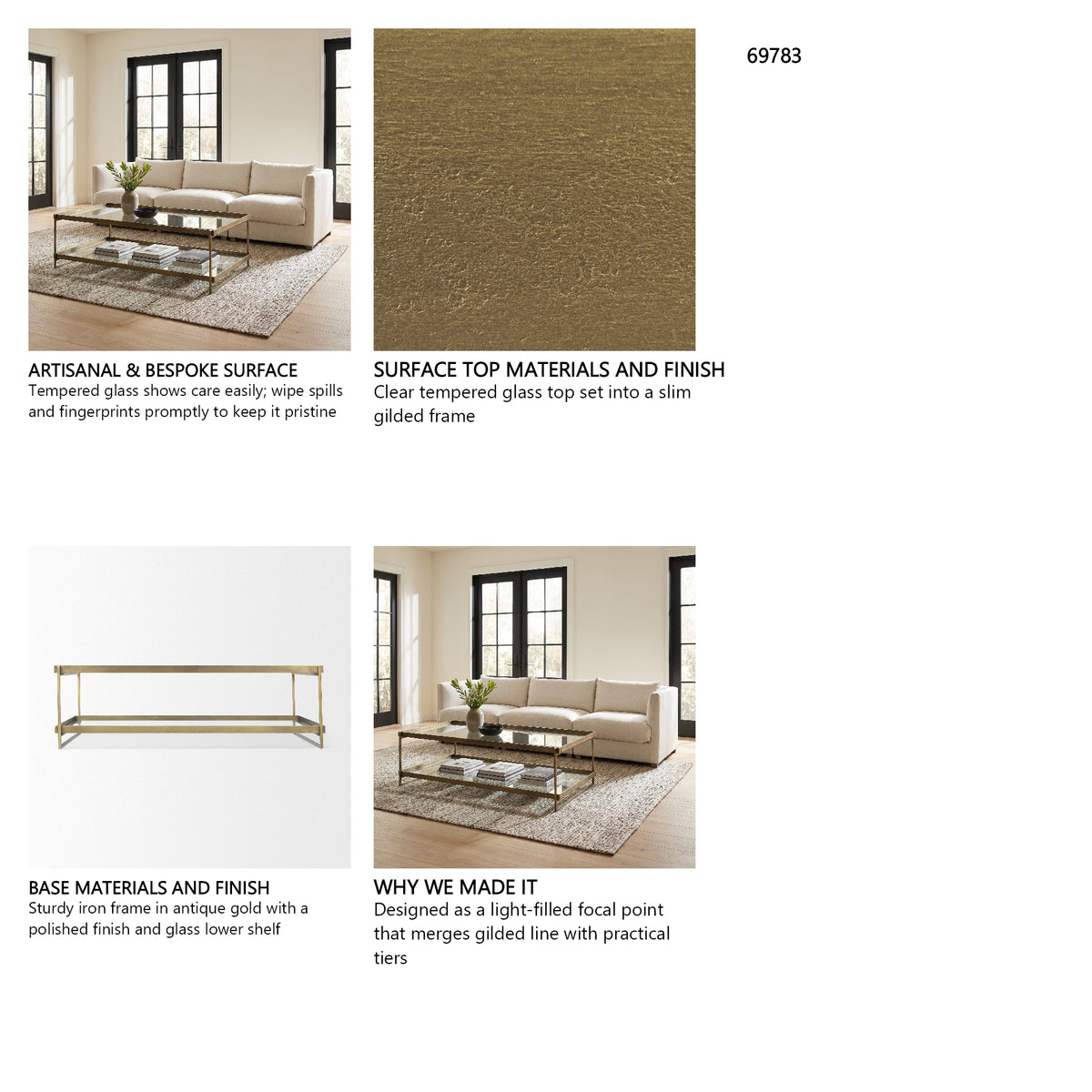 Trey 56.0L x 32.0W x 17.0H Gold Metal W/Glass Coffee table