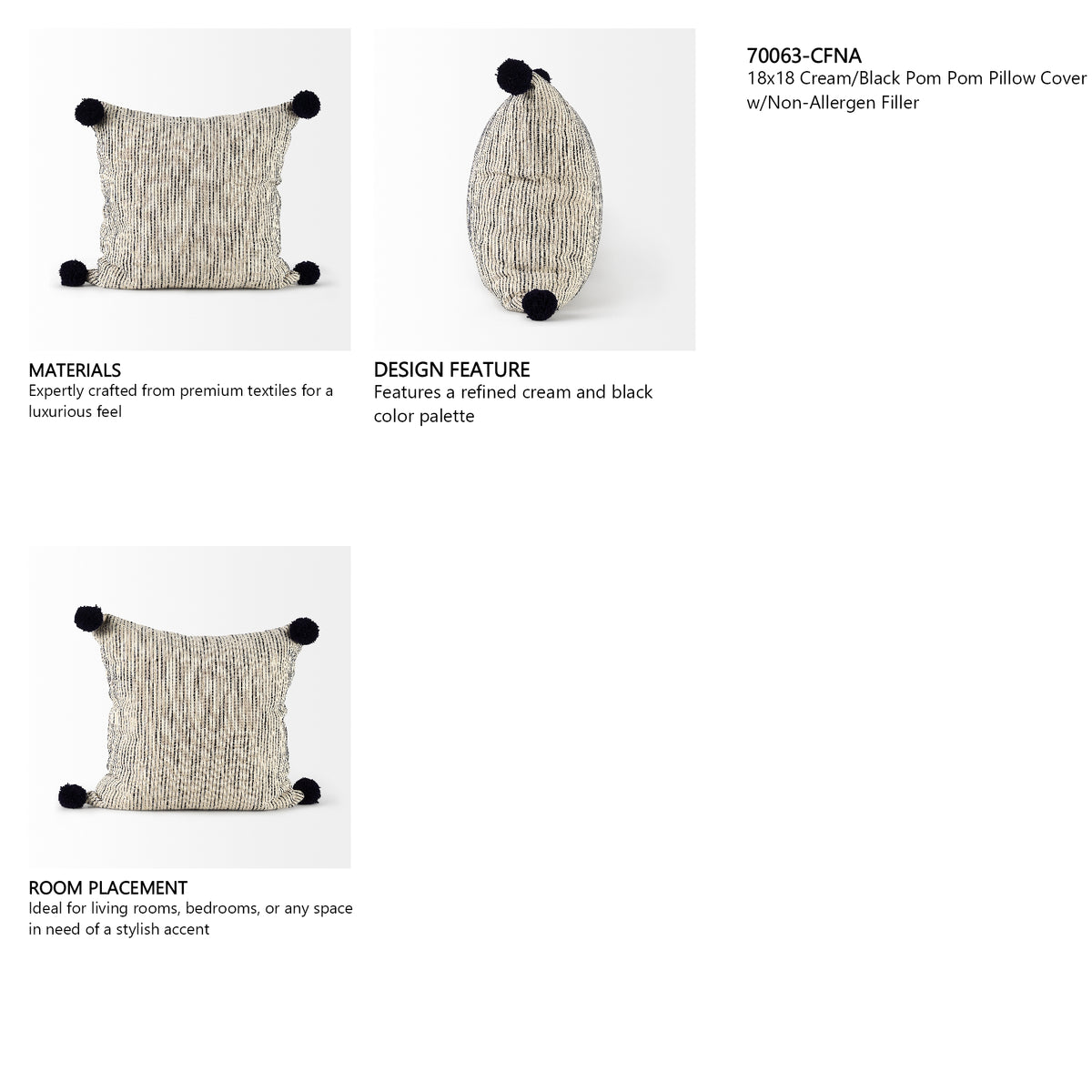 Krystal 18 x 18 Cream/Black Pom Pom Pillow Cover w/Non-Allergen Filler, Set of 2 from Mercana - Luna Furniture