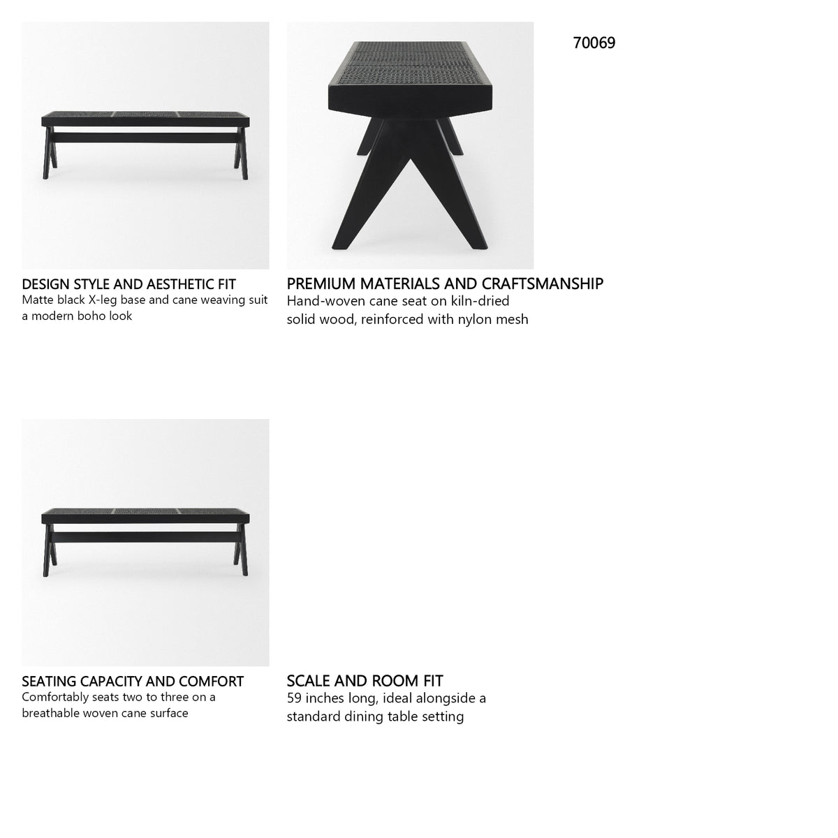 Arvin 59.1L x 17.7W x 18.1H Black Wooden Bench from Mercana - Luna Furniture