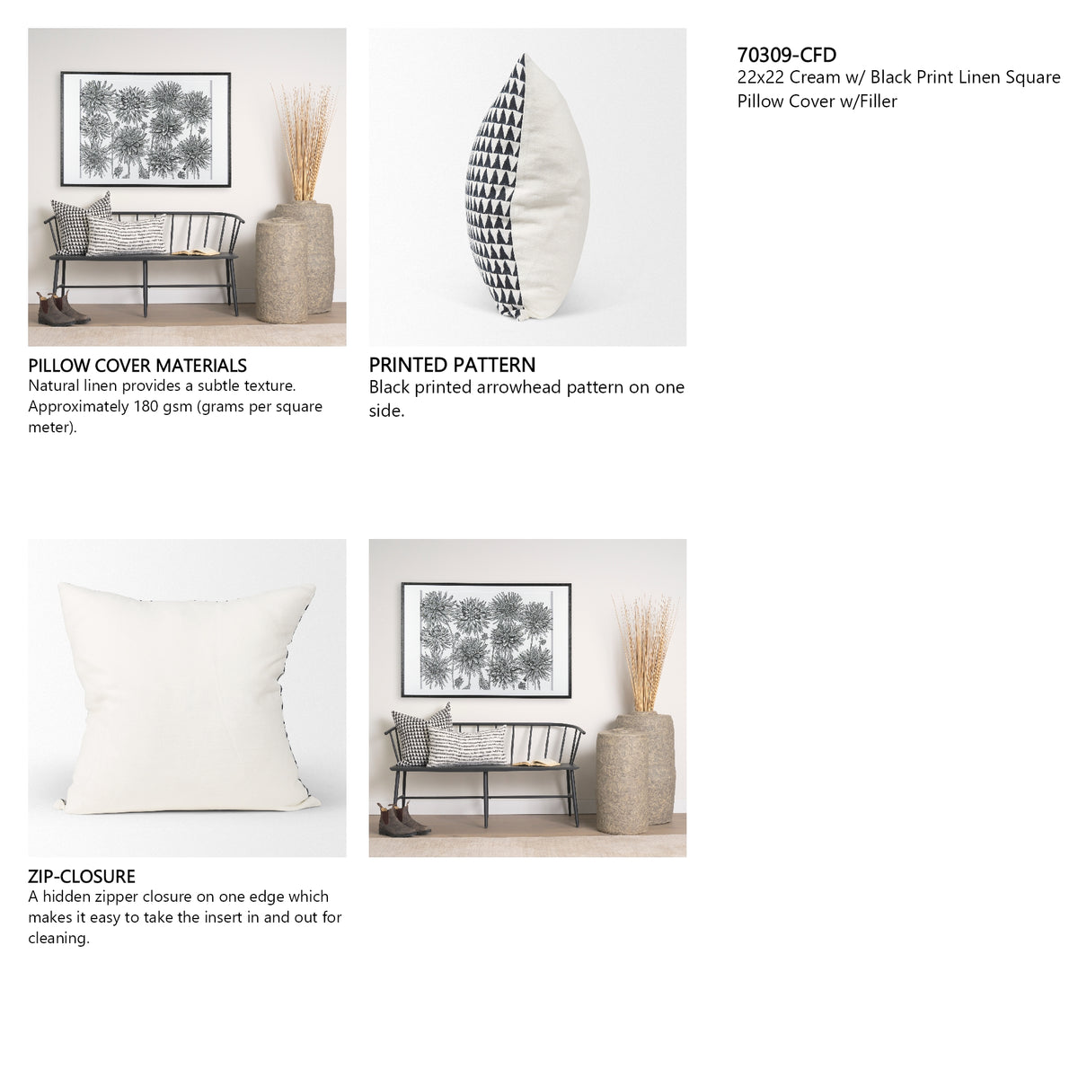 Jolie 22x22 Cream w/ Black Print Linen Square Pillow Cover w/Filler, Set of 2 from Mercana - Luna Furniture