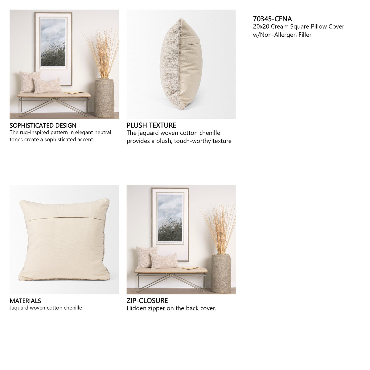 Khloe 20x20 Cream Square Pillow Cover w/Non-Allergen Filler, Set of 2 from Mercana - Luna Furniture