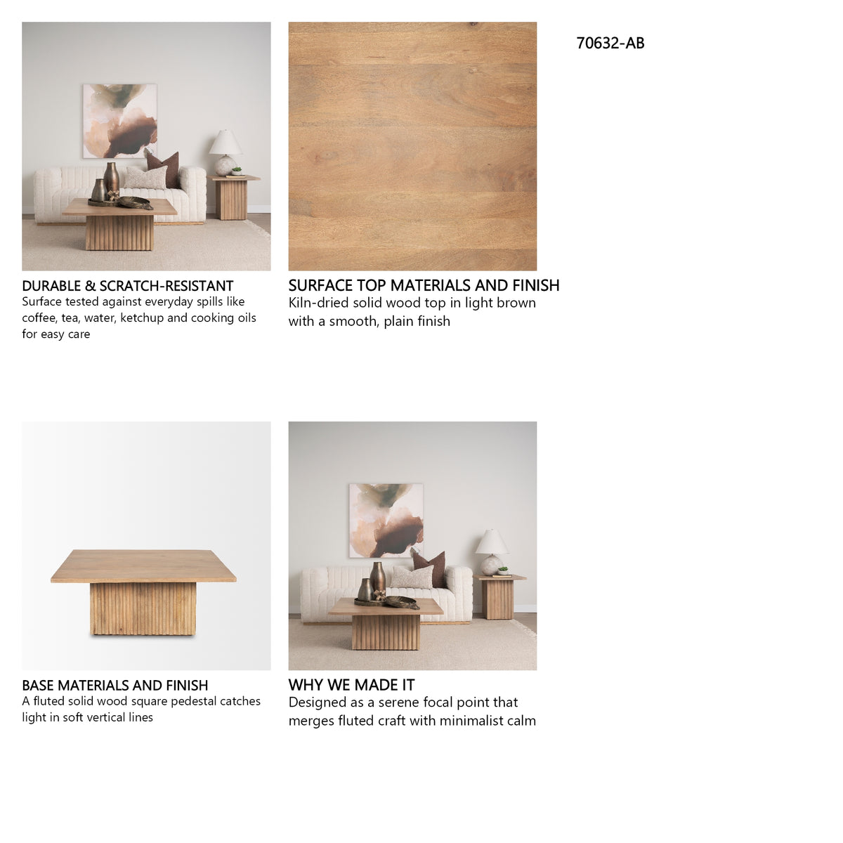 June Light Brown Wood w/ Fluting Square Coffee Table from Mercana - Luna Furniture