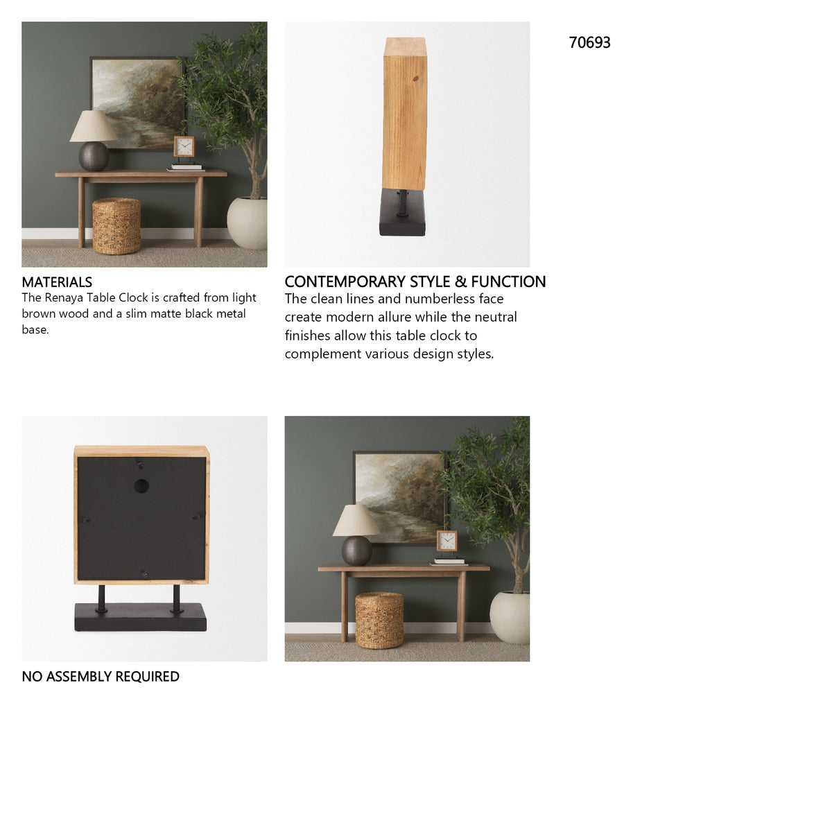 Renaya Light Brown Wood w/ Matte Black Metal Base Table Clock from Mercana - Luna Furniture