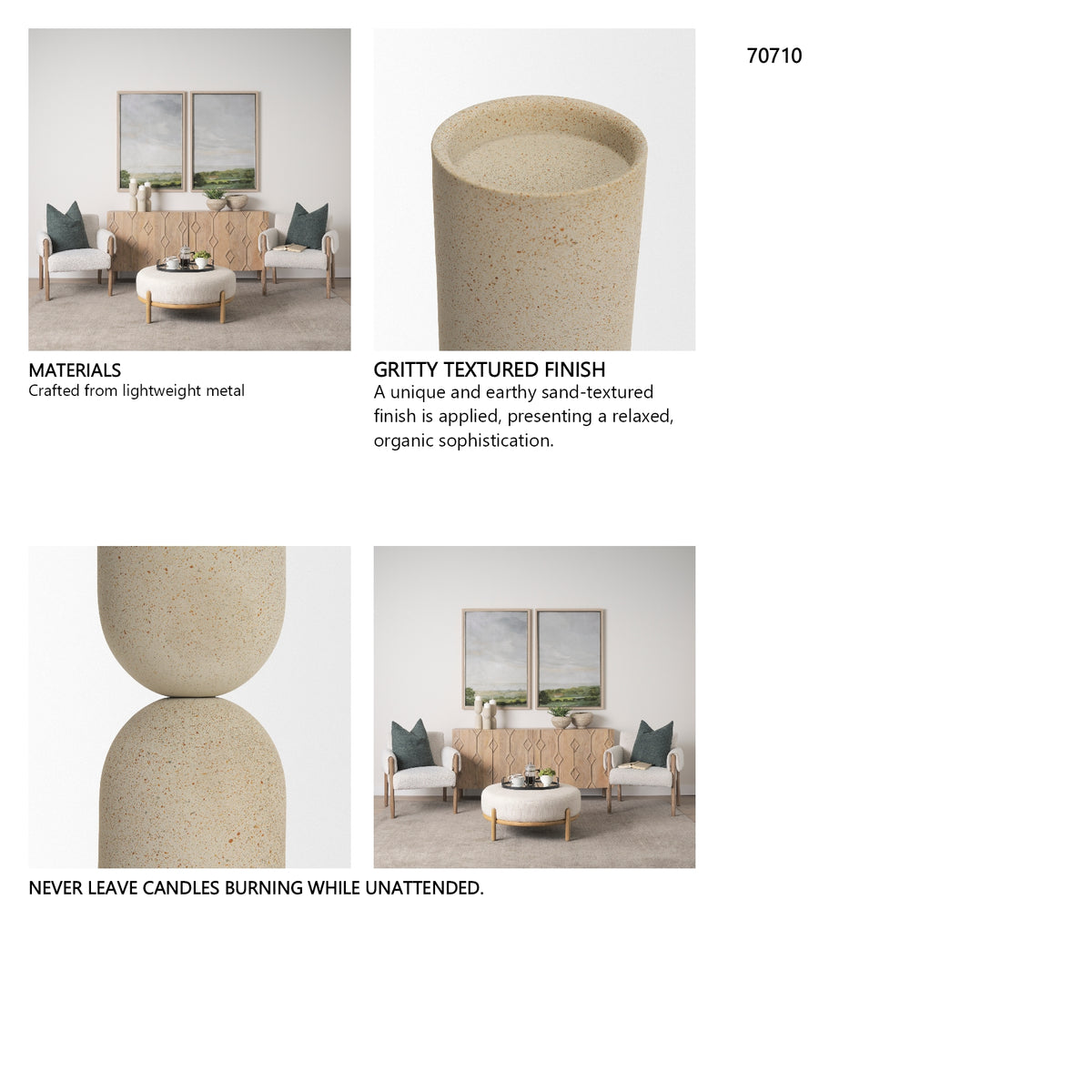 Qamra Short Beige Textured Metal Pillar Candle Holder from Mercana - Luna Furniture