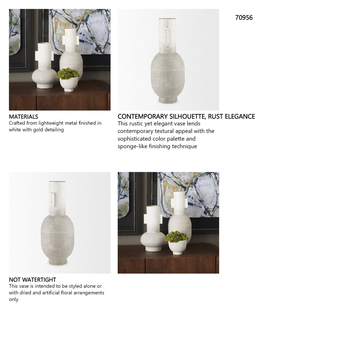 Torres Tall Textured Off White w/ Gold Metal Vase