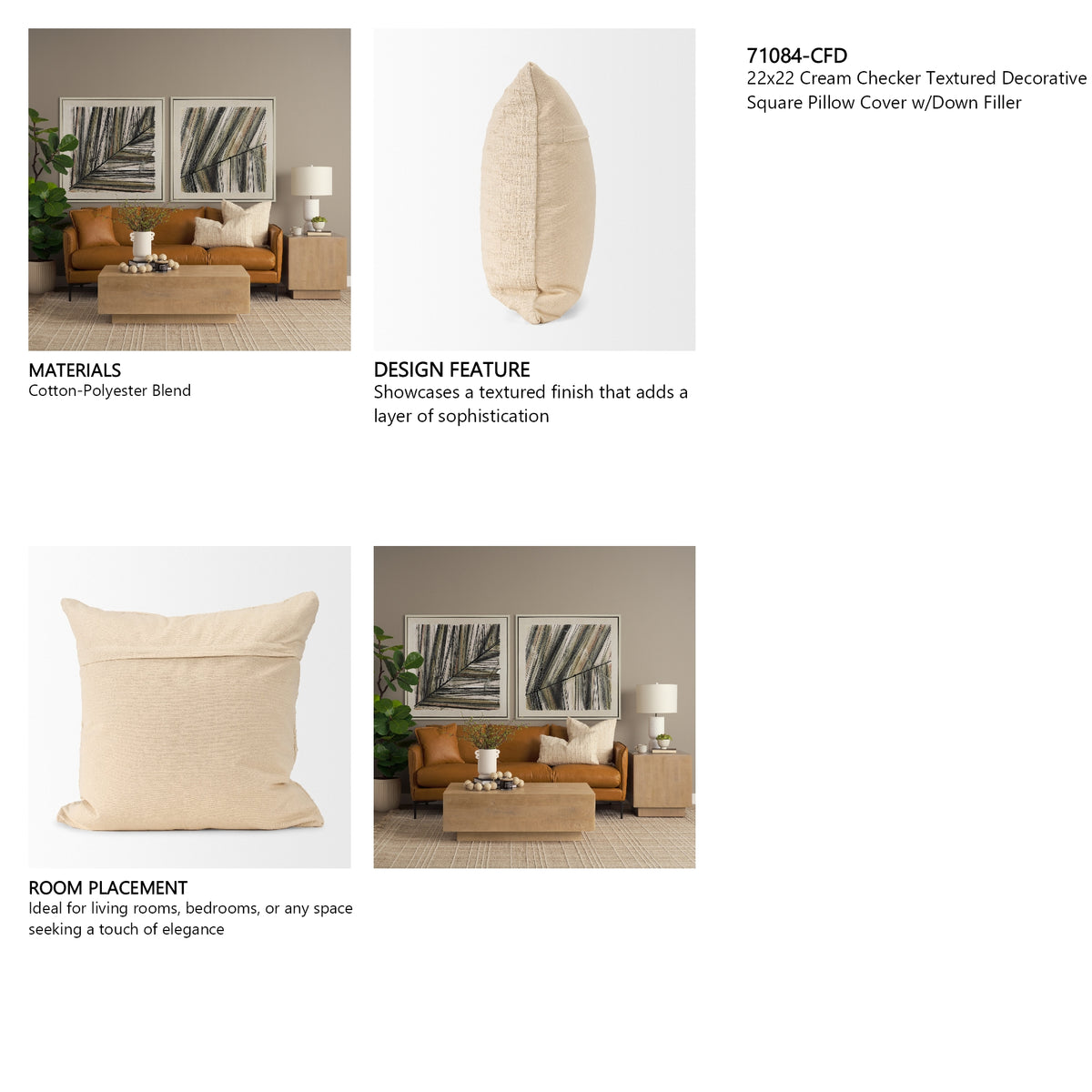 Jacory 22x22 Cream Checker Textured Decorative Square Pillow Cover w/Down Filler, Set of 2 from Mercana - Luna Furniture