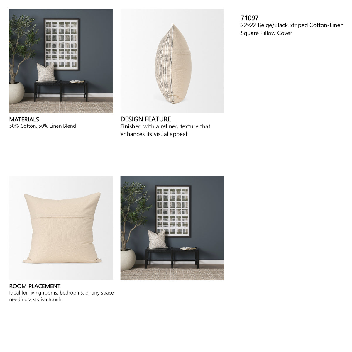 Jaxon Beige and Black Striped Cotton-Linen Decorative Square Pillow Cover