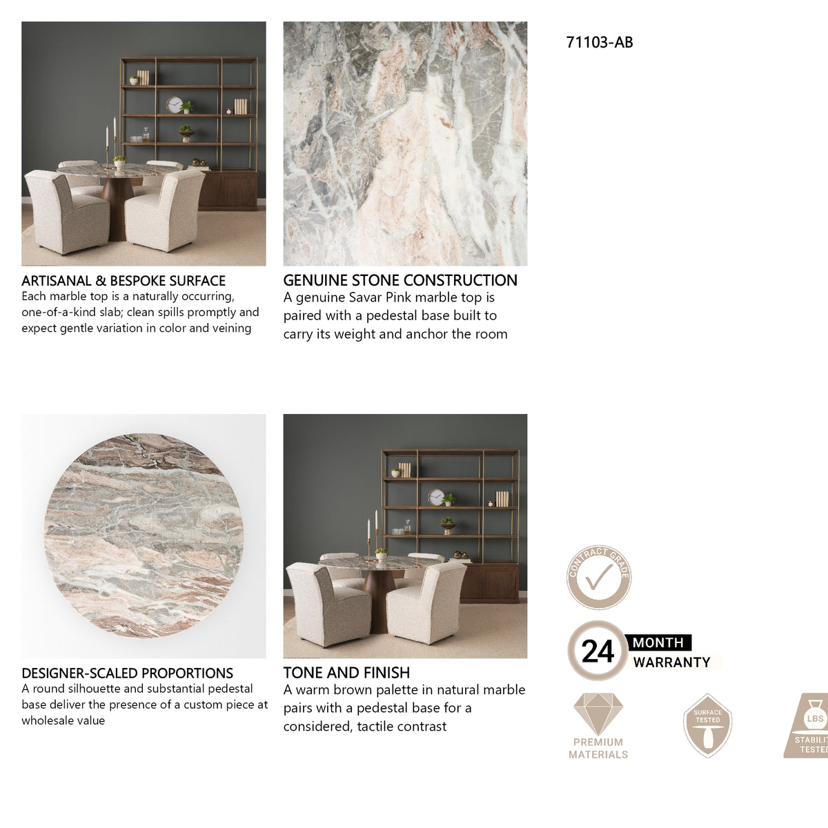 Allyson 54" Round Brown Pedestal w/ Pink Marble Top Dining Table from Mercana - Luna Furniture