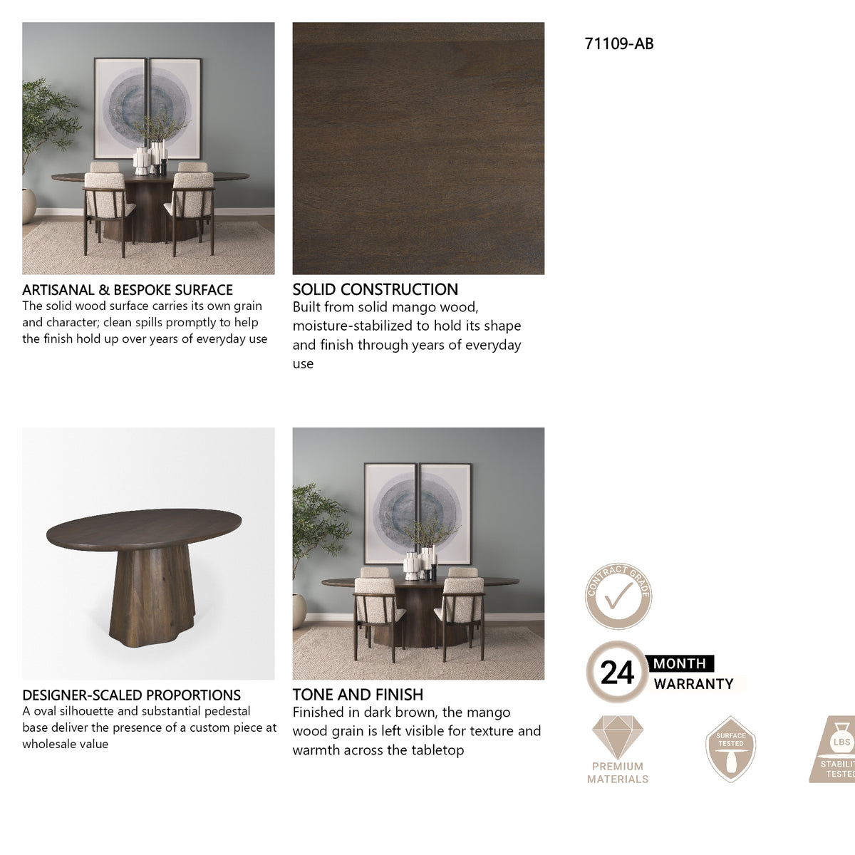 Jovani 94" Solid Dark Brown Mango Wood Oval Dining Table