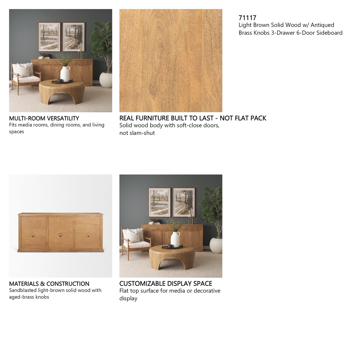 Baron Light Brown Solid Wood w/ Antiqued Brass Knobs 3-Drawer 6-Door Sideboard from Mercana - Luna Furniture
