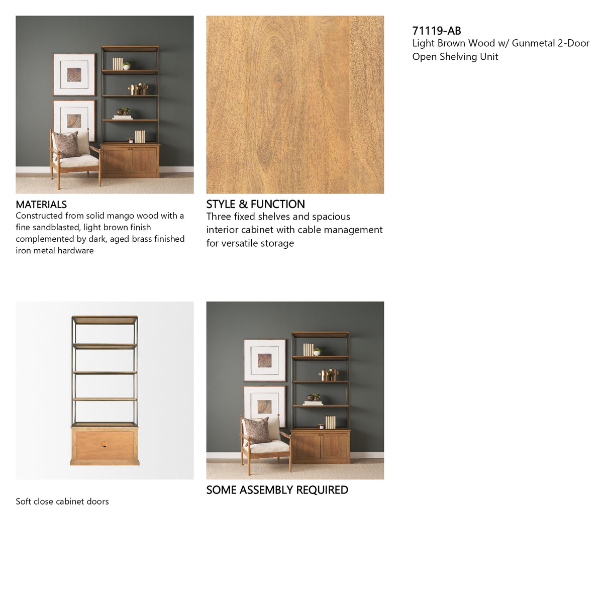 Baron Light Brown Wood w/ Gunmetal 2-Door Open Shelving Unit from Mercana - Luna Furniture