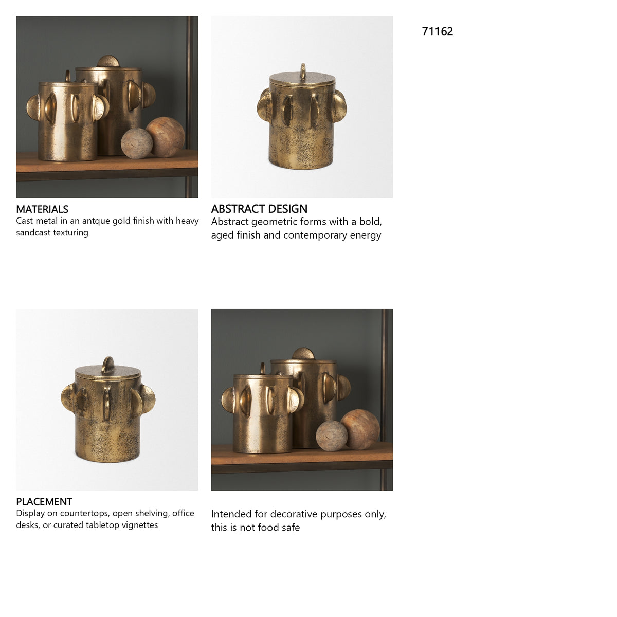 Deacon Small Antiqued Gold Metal Canister with Sculptural Handles from Mercana - Luna Furniture